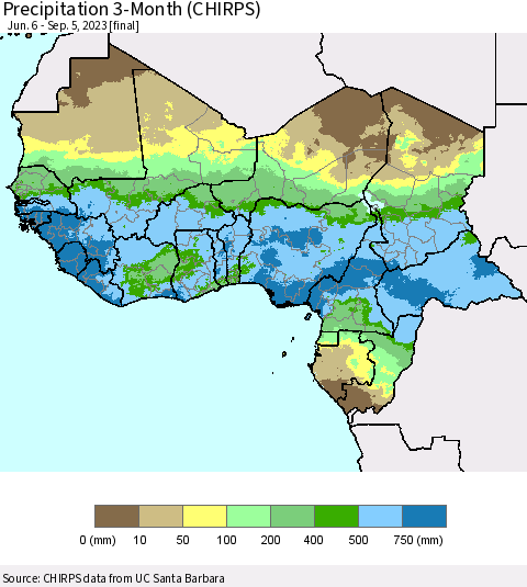 Western Africa Precipitation 3-Month (CHIRPS) Thematic Map For 6/6/2023 - 9/5/2023