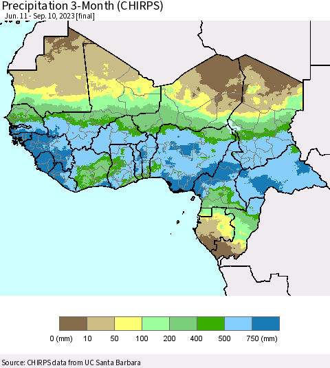 Western Africa Precipitation 3-Month (CHIRPS) Thematic Map For 6/11/2023 - 9/10/2023