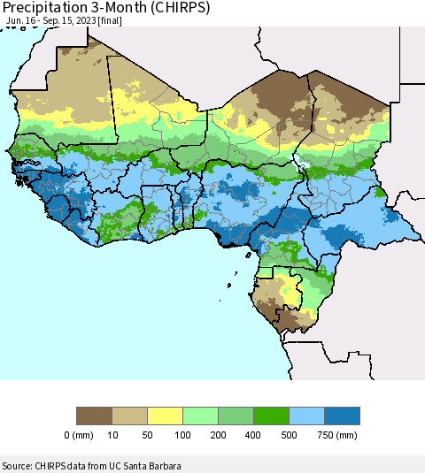 Western Africa Precipitation 3-Month (CHIRPS) Thematic Map For 6/16/2023 - 9/15/2023