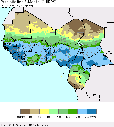 Western Africa Precipitation 3-Month (CHIRPS) Thematic Map For 6/21/2023 - 9/20/2023