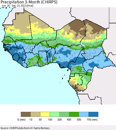 Western Africa Precipitation 3-Month (CHIRPS) Thematic Map For 6/26/2023 - 9/25/2023