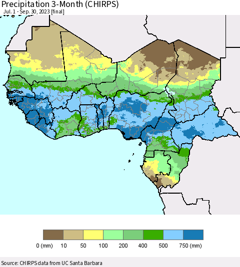 Western Africa Precipitation 3-Month (CHIRPS) Thematic Map For 7/1/2023 - 9/30/2023