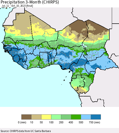 Western Africa Precipitation 3-Month (CHIRPS) Thematic Map For 7/11/2023 - 10/10/2023
