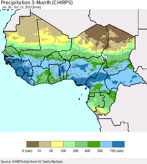 Western Africa Precipitation 3-Month (CHIRPS) Thematic Map For 7/16/2023 - 10/15/2023