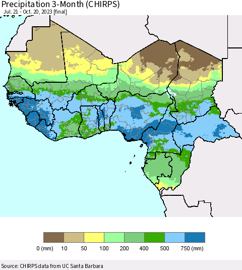 Western Africa Precipitation 3-Month (CHIRPS) Thematic Map For 7/21/2023 - 10/20/2023