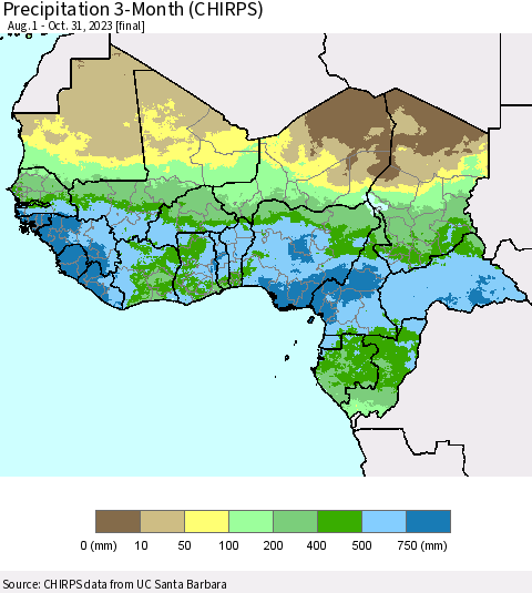 Western Africa Precipitation 3-Month (CHIRPS) Thematic Map For 8/1/2023 - 10/31/2023