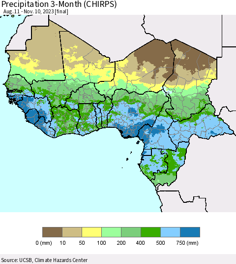 Western Africa Precipitation 3-Month (CHIRPS) Thematic Map For 8/11/2023 - 11/10/2023