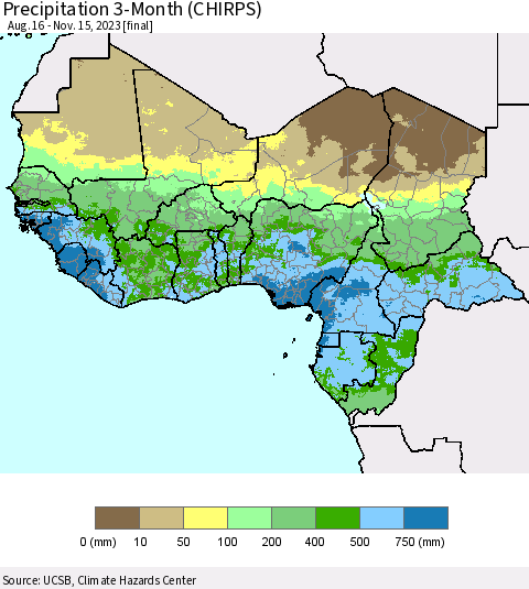Western Africa Precipitation 3-Month (CHIRPS) Thematic Map For 8/16/2023 - 11/15/2023