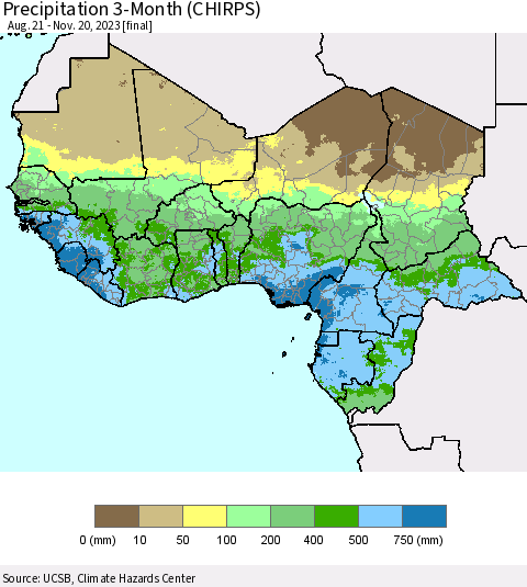 Western Africa Precipitation 3-Month (CHIRPS) Thematic Map For 8/21/2023 - 11/20/2023