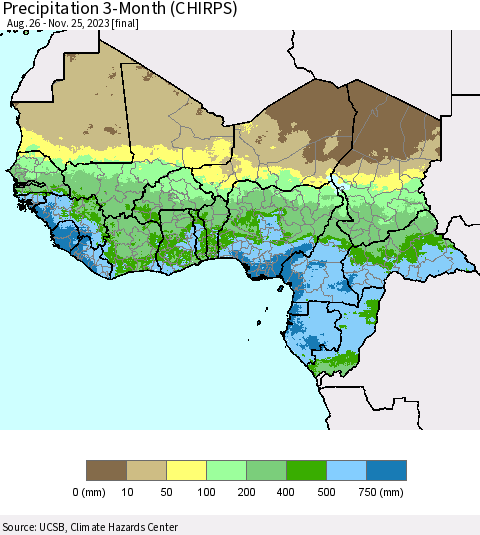 Western Africa Precipitation 3-Month (CHIRPS) Thematic Map For 8/26/2023 - 11/25/2023