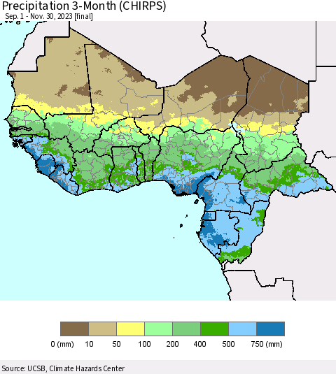 Western Africa Precipitation 3-Month (CHIRPS) Thematic Map For 9/1/2023 - 11/30/2023
