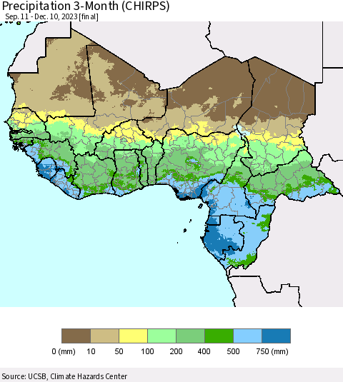 Western Africa Precipitation 3-Month (CHIRPS) Thematic Map For 9/11/2023 - 12/10/2023