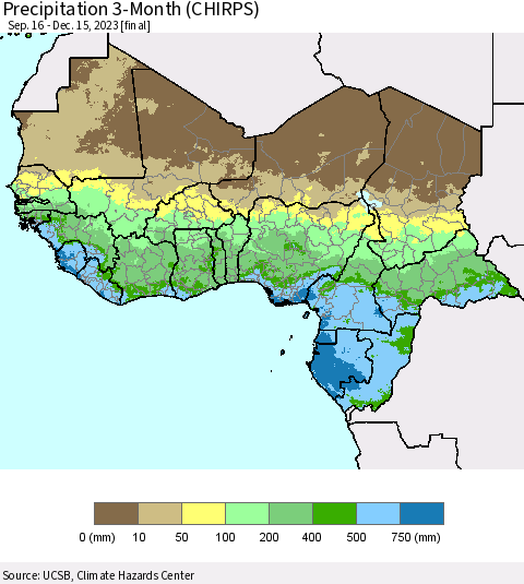 Western Africa Precipitation 3-Month (CHIRPS) Thematic Map For 9/16/2023 - 12/15/2023