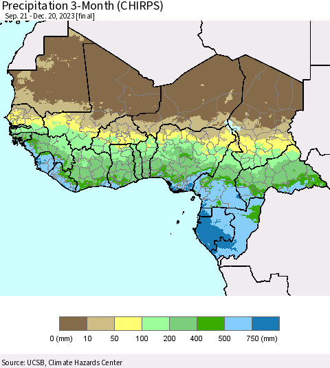Western Africa Precipitation 3-Month (CHIRPS) Thematic Map For 9/21/2023 - 12/20/2023