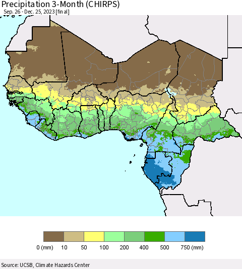 Western Africa Precipitation 3-Month (CHIRPS) Thematic Map For 9/26/2023 - 12/25/2023