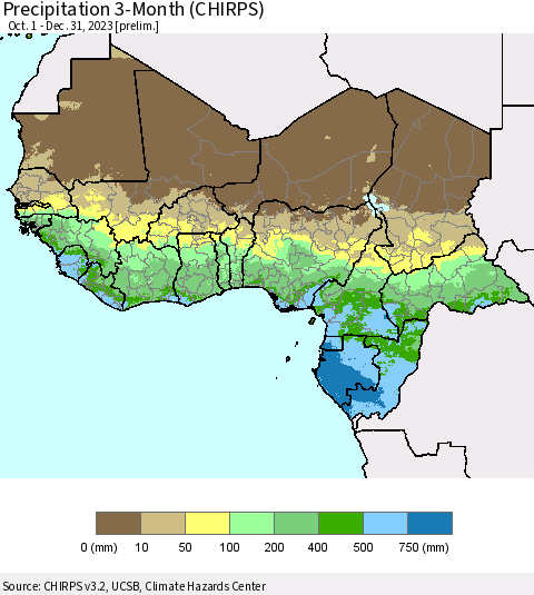 Western Africa Precipitation 3-Month (CHIRPS) Thematic Map For 10/1/2023 - 12/31/2023