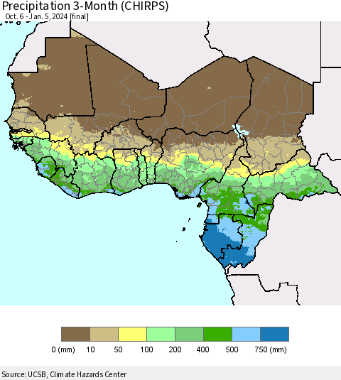 Western Africa Precipitation 3-Month (CHIRPS) Thematic Map For 10/6/2023 - 1/5/2024