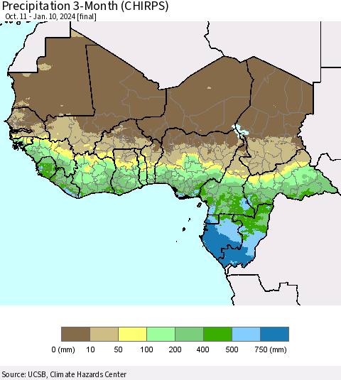Western Africa Precipitation 3-Month (CHIRPS) Thematic Map For 10/11/2023 - 1/10/2024
