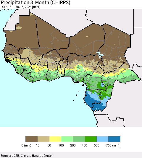 Western Africa Precipitation 3-Month (CHIRPS) Thematic Map For 10/16/2023 - 1/15/2024