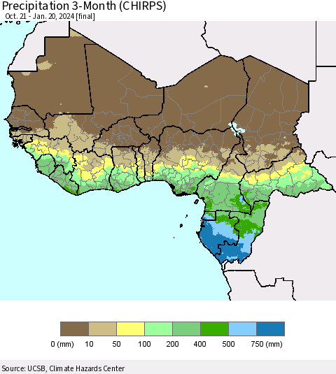 Western Africa Precipitation 3-Month (CHIRPS) Thematic Map For 10/21/2023 - 1/20/2024