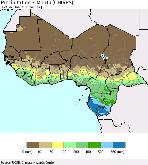 Western Africa Precipitation 3-Month (CHIRPS) Thematic Map For 10/26/2023 - 1/25/2024