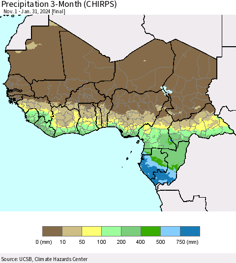 Western Africa Precipitation 3-Month (CHIRPS) Thematic Map For 11/1/2023 - 1/31/2024