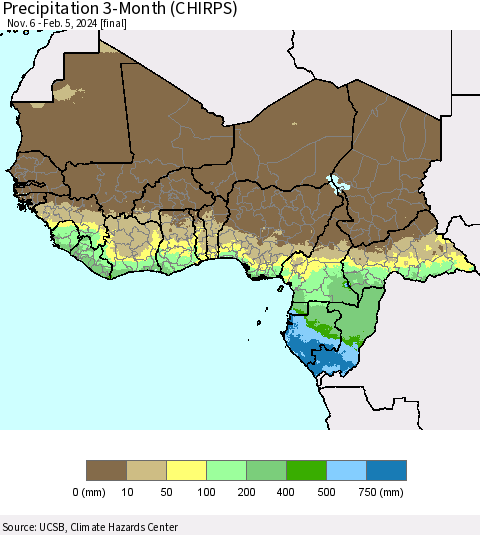 Western Africa Precipitation 3-Month (CHIRPS) Thematic Map For 11/6/2023 - 2/5/2024