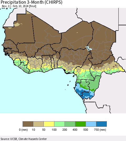 Western Africa Precipitation 3-Month (CHIRPS) Thematic Map For 11/11/2023 - 2/10/2024