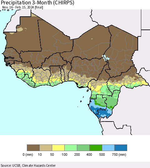 Western Africa Precipitation 3-Month (CHIRPS) Thematic Map For 11/16/2023 - 2/15/2024