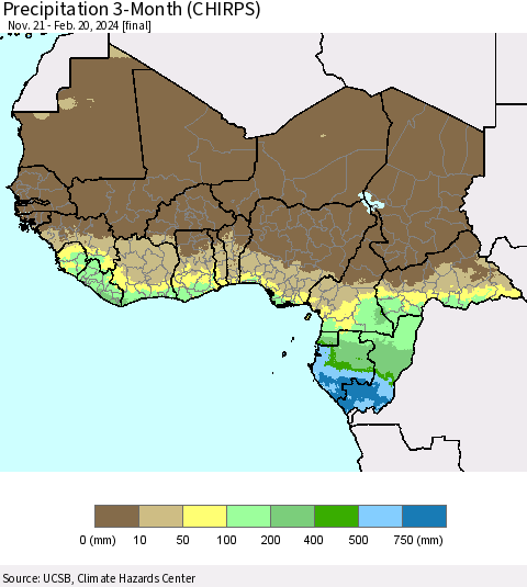 Western Africa Precipitation 3-Month (CHIRPS) Thematic Map For 11/21/2023 - 2/20/2024