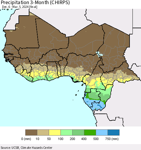 Western Africa Precipitation 3-Month (CHIRPS) Thematic Map For 12/6/2023 - 3/5/2024