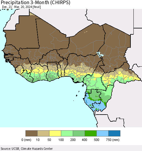 Western Africa Precipitation 3-Month (CHIRPS) Thematic Map For 12/21/2023 - 3/20/2024