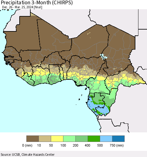 Western Africa Precipitation 3-Month (CHIRPS) Thematic Map For 12/26/2023 - 3/25/2024