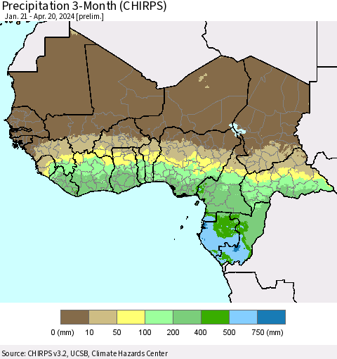 Western Africa Precipitation 3-Month (CHIRPS) Thematic Map For 1/21/2024 - 4/20/2024