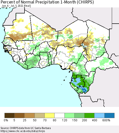 Western Africa Percent of Normal Precipitation 1-Month (CHIRPS) Thematic Map For 6/6/2021 - 7/5/2021