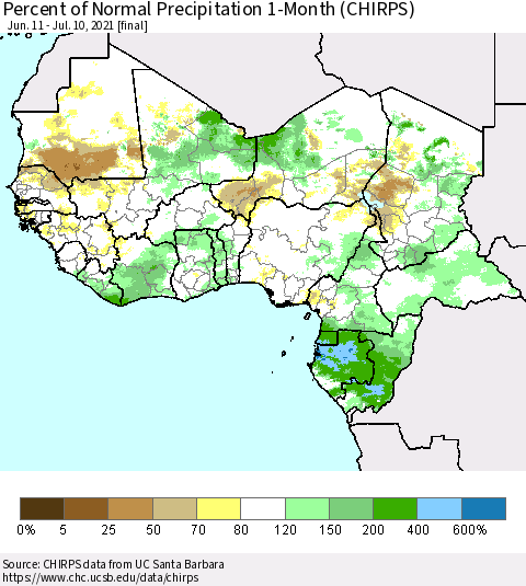Western Africa Percent of Normal Precipitation 1-Month (CHIRPS) Thematic Map For 6/11/2021 - 7/10/2021
