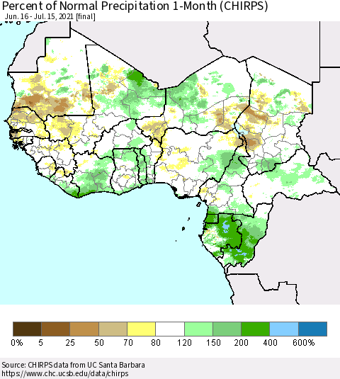 Western Africa Percent of Normal Precipitation 1-Month (CHIRPS) Thematic Map For 6/16/2021 - 7/15/2021