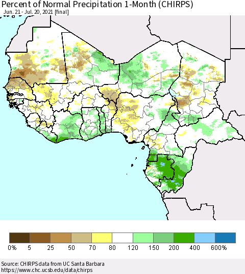 Western Africa Percent of Normal Precipitation 1-Month (CHIRPS) Thematic Map For 6/21/2021 - 7/20/2021