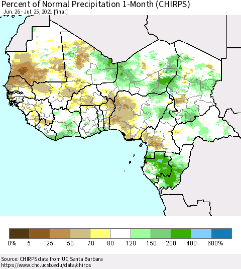 Western Africa Percent of Normal Precipitation 1-Month (CHIRPS) Thematic Map For 6/26/2021 - 7/25/2021