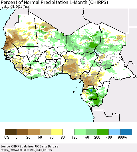 Western Africa Percent of Normal Precipitation 1-Month (CHIRPS) Thematic Map For 7/1/2021 - 7/31/2021