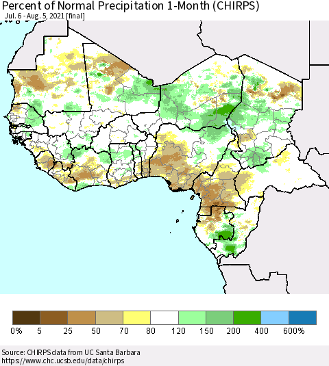 Western Africa Percent of Normal Precipitation 1-Month (CHIRPS) Thematic Map For 7/6/2021 - 8/5/2021
