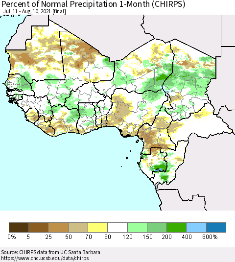 Western Africa Percent of Normal Precipitation 1-Month (CHIRPS) Thematic Map For 7/11/2021 - 8/10/2021