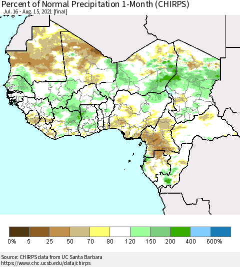 Western Africa Percent of Normal Precipitation 1-Month (CHIRPS) Thematic Map For 7/16/2021 - 8/15/2021