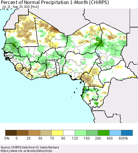 Western Africa Percent of Normal Precipitation 1-Month (CHIRPS) Thematic Map For 7/21/2021 - 8/20/2021