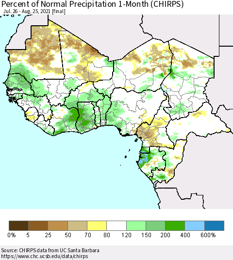 Western Africa Percent of Normal Precipitation 1-Month (CHIRPS) Thematic Map For 7/26/2021 - 8/25/2021