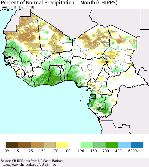 Western Africa Percent of Normal Precipitation 1-Month (CHIRPS) Thematic Map For 8/1/2021 - 8/31/2021