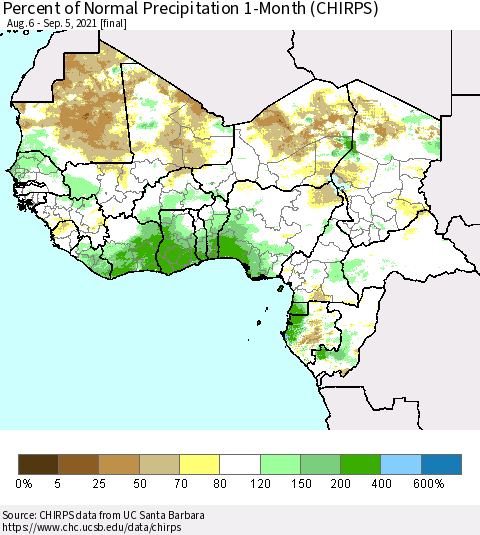 Western Africa Percent of Normal Precipitation 1-Month (CHIRPS) Thematic Map For 8/6/2021 - 9/5/2021