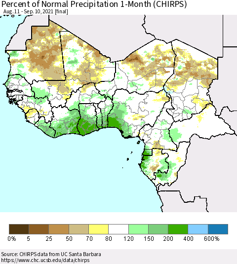 Western Africa Percent of Normal Precipitation 1-Month (CHIRPS) Thematic Map For 8/11/2021 - 9/10/2021