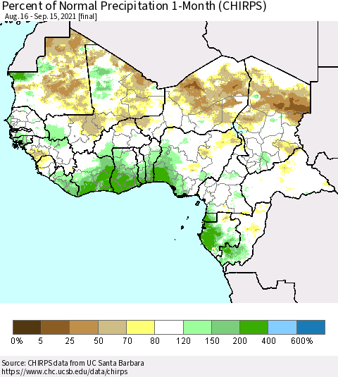 Western Africa Percent of Normal Precipitation 1-Month (CHIRPS) Thematic Map For 8/16/2021 - 9/15/2021
