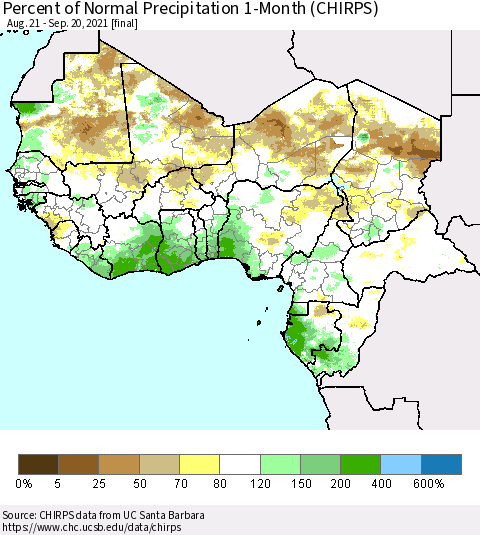 Western Africa Percent of Normal Precipitation 1-Month (CHIRPS) Thematic Map For 8/21/2021 - 9/20/2021